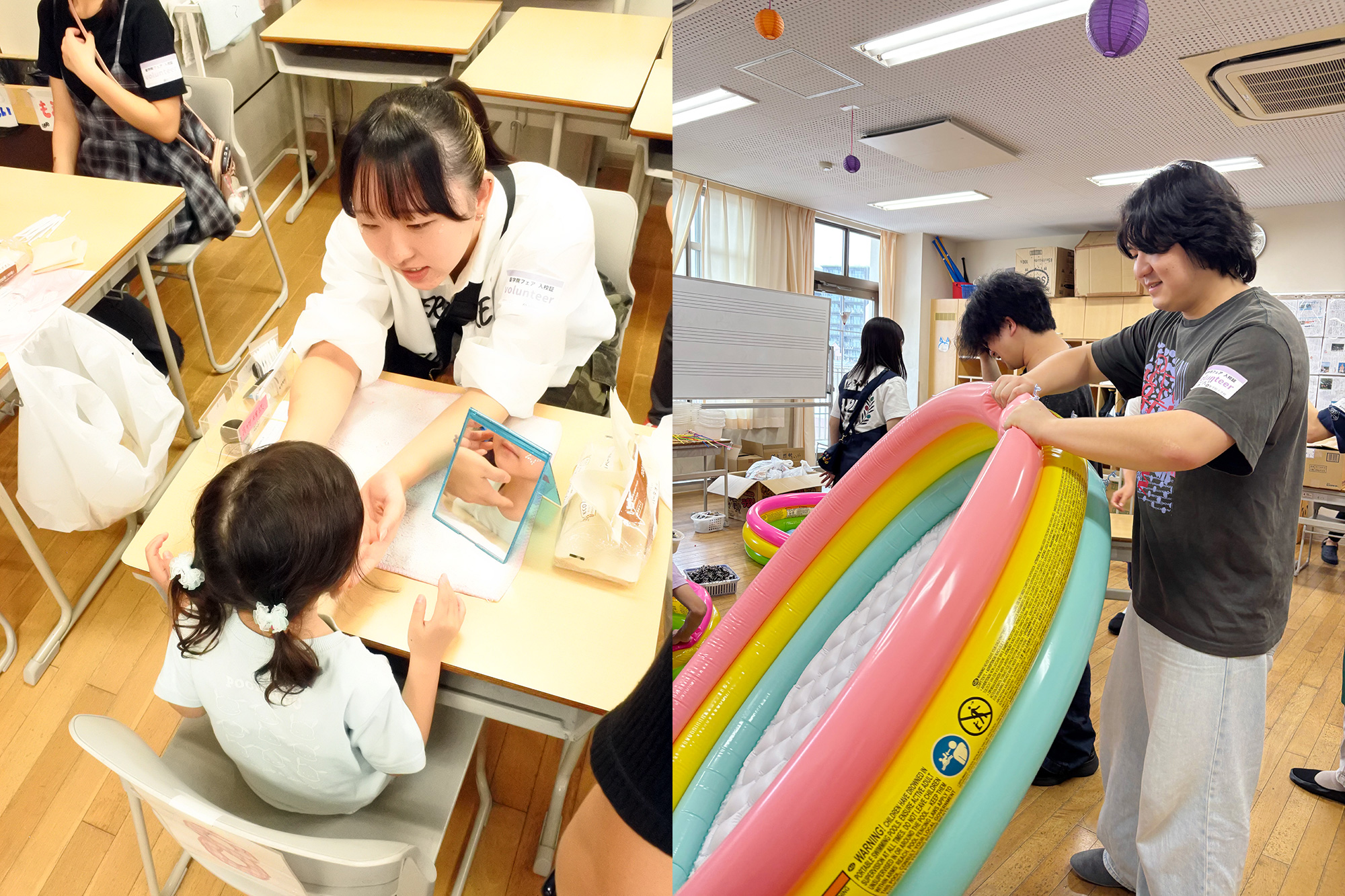 子どもたちに声をかけながらボディアートにチャレンジ。キャンディーフィッシングコーナー設営では、安全面にも気をつけながら工夫を凝らします。
